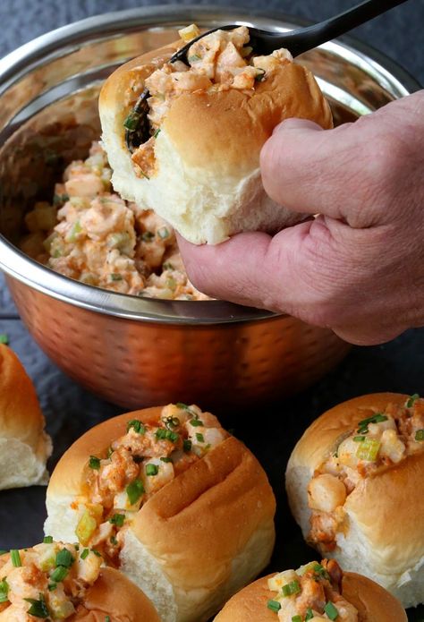 Mini Chorizo Shrimp Sliders - A Shrimp Slider Recipe - Mantitlement Seafood Sliders, Shrimp Sliders, Creamy Shrimp Salad, Spicy Shrimp Salad, Shrimp Rolls, Creamy Shrimp, Slider Buns, Slider Recipes, Spicy Shrimp