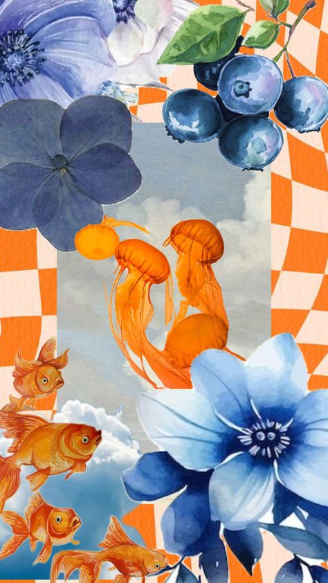 #orange #blue #fish #jellyfish #clouds #sky #flowers #wallpaper #collageart Orange Fish Aesthetic, Sky Flowers Wallpaper, Fish Aesthetic, Orange Fish, Orange Wallpaper, Blue Fish, Flowers Wallpaper, Jellyfish, Collage Art