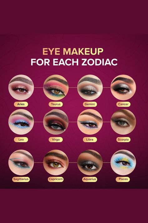 Zodiac Makeup Chart Eyeshadow, Zodiac Makeup Chart, Zodiac Makeup Looks, Cool Eyeshadow Looks, Aries Makeup, Leo Makeup, Zodiac Sign Makeup, Liner Styles, Eye Makeup Colorful