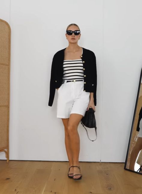 Cream Tailored Shorts Outfit, Black Tailored Shorts Outfit, Black Shorts Old Money Outfit, Chic Black Shorts With Buttons, Chic Striped Cotton Shorts, Striped Crop Top, Cream White, Old Money, Summer Casual