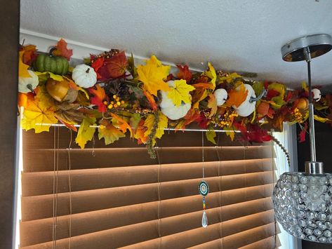 Diy fall garland using dollar tree supplies and a shower curtain rod. Perfect for a window or hallway #dollartreedecor #diyfalldecor #windowdisplay Diy Fall Garland, Halloween Curtains, Diy Curtain Rods, Fall Windows, Dollar Tree Fall, Shower Curtain Rod, Fall Garland, Dollar Tree Decor, Fall Decorations Porch