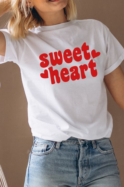 A love heart valentines graphic tee for women featuring modern lowercase script typography with "sweet heart" red text and white tshirt Valentines Graphic, Valentines Graphic Tee, Heart Tshirt, Script Typography, Heart Valentines, Heart Red, Sweet Heart, Tees For Women, Tshirt Design