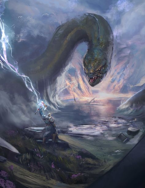 Jormungandr, Thor Jormungandr Aesthetic, Jormungandr Art Norse Mythology, Thor Vs Jormungand, Iron Druid, Norse Deities, Thor Artwork, Rpg Icons, Viking Aesthetic, World Serpent