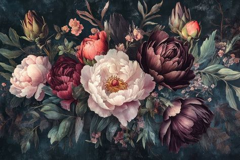 Dark floral composition with peonies flowers peony art. | free image by rawpixel.com / Pitcha Benrohman Dark Peonies, Flowers Peony, Peony Art, Floral Composition, Dark Floral, Peony Flower, Dark Backgrounds, Antique Style, Free Image