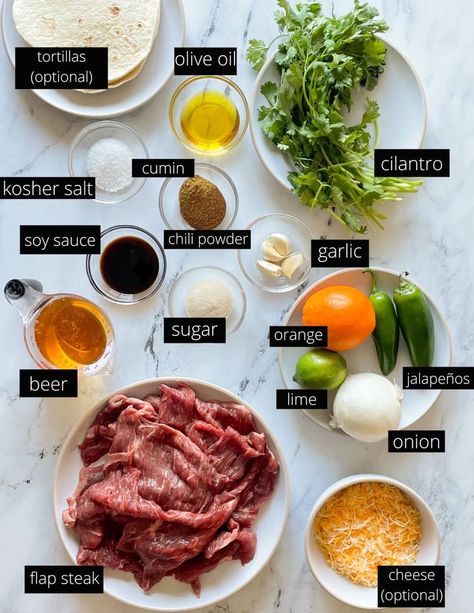 The labeled ingredients for ranchera meat sit on white plates on a white marble counter. Ranchera Meat Recipes, Carne Ranchera, Beer Chili, Meat Marinade, Marinated Steak, Marble Counter, Winter Recipes, Carne Asada, White Plates