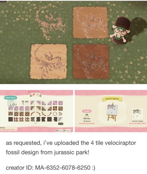 Acnh Footprints Code, Acnh Fossil Dig Site Code, Acnh Dinosaur Dig, Animal Crossing Dinosaur Design, Acnh Footprints, Acnh Archeology, Acnh Dinosaur Designs, Animal Crossing Jurassic Park, Acnh Desert Path