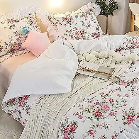 Amazon.com: FADFAY Shabby Pink Floral 4 Piece Bed Sheet Set 100% Cotton Deep Pocket-Queen : Home & Kitchen Bulgaria Rose, French Country Bed, French Provencial, Girl Comforters, Flower Comforter, Ruffle Duvet Cover, Zipper Bedding, Country Bedding, Floral Bedding Sets