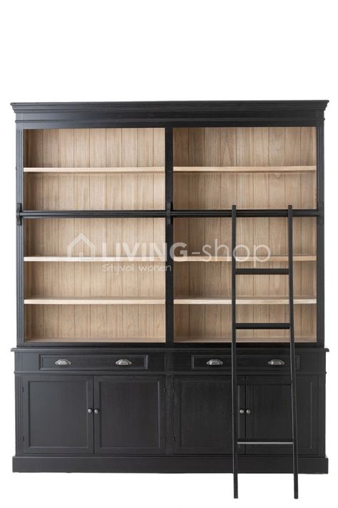 Black bookcase with ladder Library Cabinet, Home Library Rooms, Black Bookcase, Library Room, Library Wall, Home Library Design, Furniture Bookshelves, Wall Bookshelves, Built In Bookcase