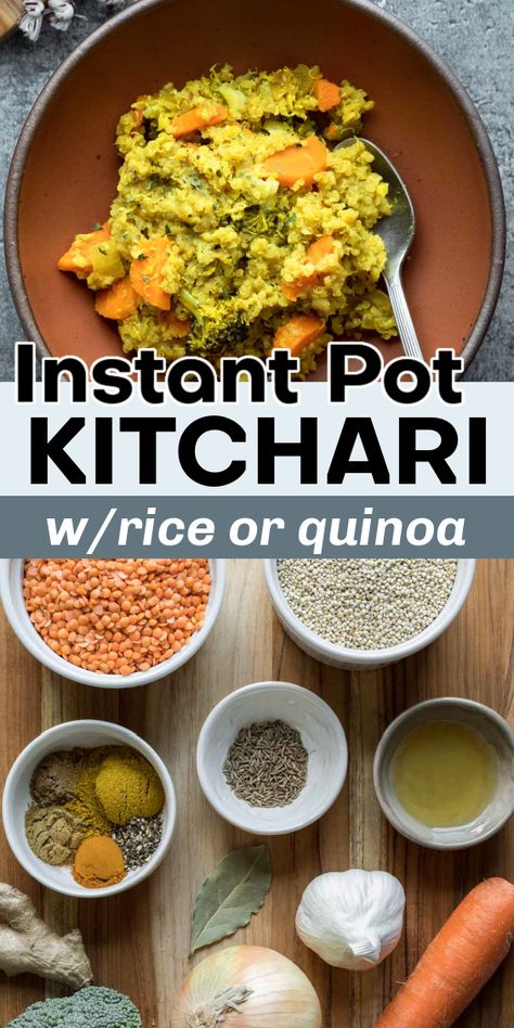 Khichdi or Kitchari is a traditional Indian dish of rice and lentils or split mung beans. It's a 1-pot meal that is both healthy and comforting. This somewhat non-traditional version offers an option to use quinoa instead of white rice (quinoa khichdi) and is especially nourishing and easy to prepare thanks to the Instant Pot. Stovetop instructions included. Quinoa Khichdi, Dr Gundry Recipes, Lentils Instant Pot, Kitchari Recipe, Quinoa In Rice Cooker, Rice And Lentils, Indian Comfort Food, Instant Pot Quinoa, Lentils And Quinoa