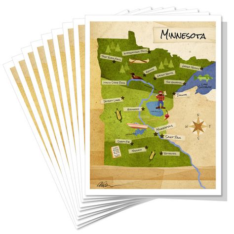 Minnesota Map 8 piece notecard set Minnesota State Parks, Driftless Area, Youth Hostel, Grand Marais, Long Lake, Printable Maps, Minnesota State, 11x14 Print, Notecard Set