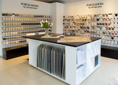 Porcelanosa Showroom – Rabaut Material Library Interior Design, Material Showroom Design, Carpet Showroom Design, Kitchen Showroom Ideas, Material Library Design, Furniture Showroom Layout, Kitchen Showroom Design, Material Showroom, Interior Design Office Studio