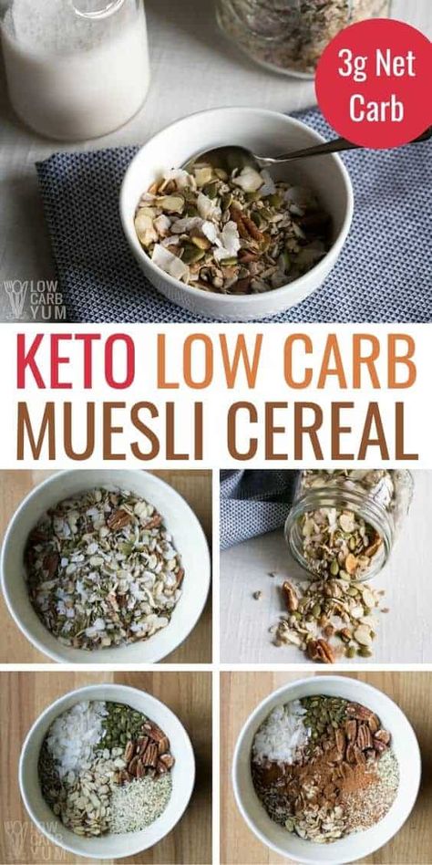 It's so easy to make your own low carb muesli for a quick breakfast. This crunchy keto cereal recipe is loaded with whole food ingredients! Muesli Cereal, Low Carb Cereal, Quick Keto Breakfast, Keto Cereal, Diet Lunch, Keto Breakfasts, Medicine Tips, Boiled Egg Diet Plan, Low Carb Chicken Recipes