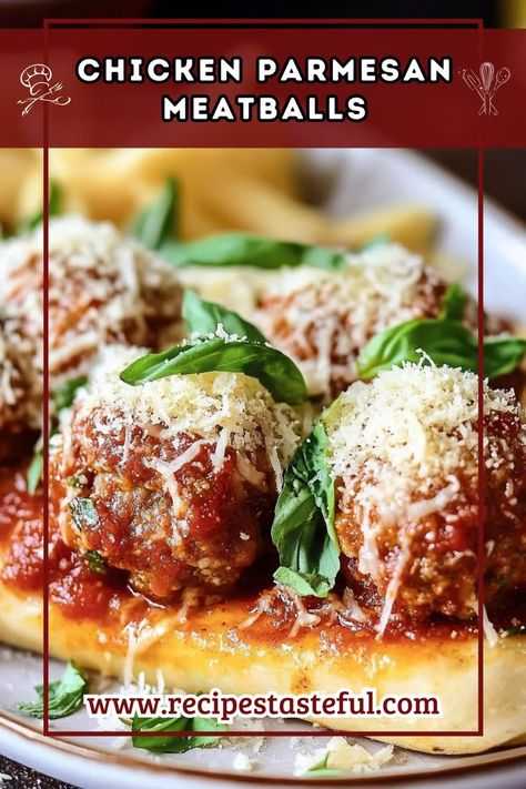 These Chicken Parmesan Meatballs are a delicious twist on the classic dish, featuring juicy ground chicken, savory herbs, and a rich marinara sauce, all topped with gooey mozzarella cheese. Perfect for family dinners or as a party appetizer! Chicken Meatball Parmesan, Ground Chicken Meatballs Recipes, Chicken Meatball, Chicken Parmesan Meatball Bowls, Chicken Meatball Parmesan Bake, Ground Chicken Parmesan Meatballs, Mozzarella Stuffed Chicken Meatballs, Basil Parmesan Chicken Meatballs, Meatball Parmigiana