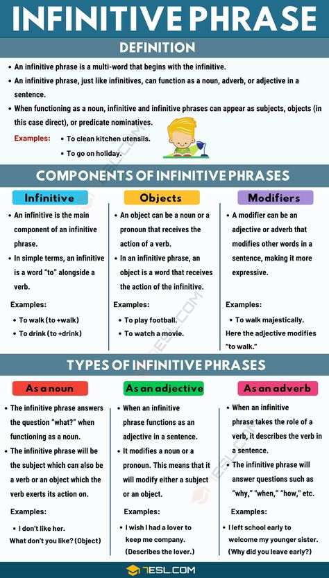 Infinitives Grammar, Teachers Aesthetic, Philosophy Humor, Infinitive Phrases, Phrase Definition, French Numbers, English Quiz, Prepositional Phrases, Teaching English Grammar