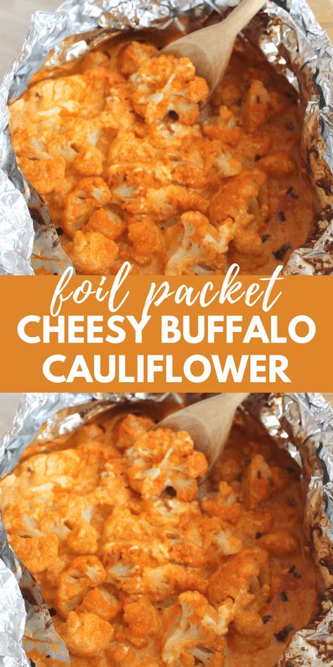 foil packet cheesy buffalo cauliflower Buffalo Cauliflower Recipes, Cauliflower Bake, Grilled Cauliflower, Foil Packet Dinners, Foil Pack Meals, Foil Packet Meals, Foil Packet, Healthy Grilling Recipes, Roasted Vegetable Recipes