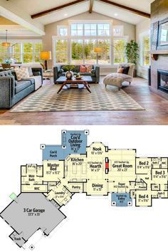 Mountain Ranch House Plans, Mountain Craftsman, Floor Plans Ranch, Basement House Plans, House Plans One Story, Garage Floor Plans, Craftsman Style Homes, Craftsman Style House Plans, Ranch House Plans