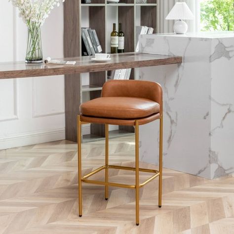 Leather Barstools In Kitchen, Light Brown Leather Bar Stools, Organic Modern Kitchen, Reloading Room, Porch Bar, Brown Bar Stools, Modern Counter Stools, Leather Counter Stools, Leather Bar Stools