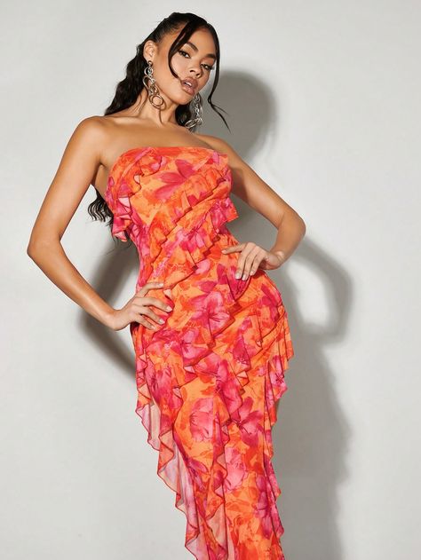 Tropical Party Outfit, Mermaid Long Dress, Orange Prom Dresses, Gown Inspiration, Rose Orange, Looks Street Style, Tie Dye Dress, Casual Tops For Women, Ruffled Maxi Dress