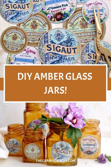 Make some DIY Amber Glass jars with this fun and easy tinted glass painting technique! Free Vintage Labels, Tinting Glass, Glass Jars Diy, Savon Diy, Diy Postcard, Recycling Projects, Gold Acrylic Paint, Happy Valentines Day Images, Small Bees