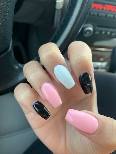 Black Nails With Pink Accent Nail, White N Pink Nails, Pink Blue And Black Nails, Black And Pink Acrylics, Pink White And Black Nails, Black White And Pink Nails, Super Simple Nails, Nail Ideas Pink And White, Easy Gel Nail Designs For Beginners