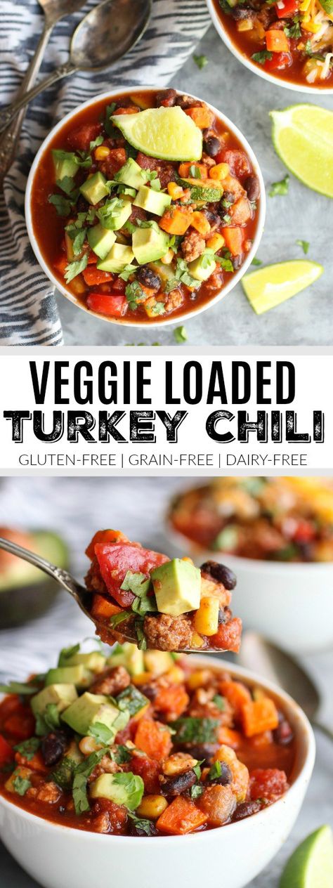 Veggie Loaded Turkey Chili | homemade chili recipes | healthy chili recipes | fall soup recipes | cold weather soup recipes | gluten-free chili recipes | grain-free chili recipes | dairy-free chili recipes || The Real Food Dietitians Cold Weather Soup Recipes, Gluten Free Chili Recipe, Veggie Lasagne, Gluten Free Fall Recipes, Chili Recipe Healthy, Homemade Chili Recipe, Turkey Chili Healthy, Healthy Chili, Recipe Crockpot