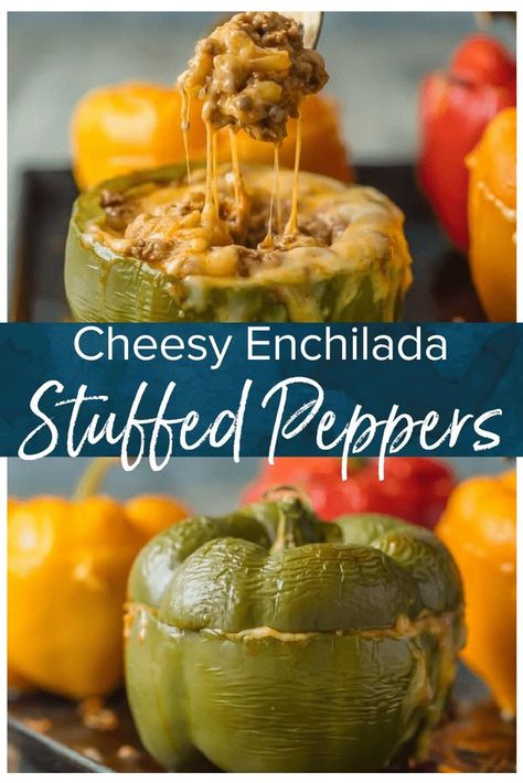 Jalapeno Popper Stuffed Bell Peppers, Cheesy Rice Stuffed Peppers, Enchilada Peppers, Stuffed Green Peppers With Ground Beef, Stuffed Peppers With Cheese, Enchilada Stuffed Peppers, Mexican Stuffed Peppers, Cheesy Enchiladas, Taco Stuffed Peppers