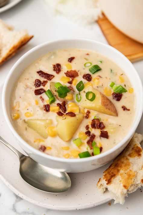 Potato Corn Chowder Easy Potato Corn Chowder, Chunky Potatoes, Potato Corn Chowder Recipe, Cheesy Pesto Bread, Potatoes And Corn, Potato Corn Chowder, Potato Chowder, Loaded Potato Soup, Baguette Bread