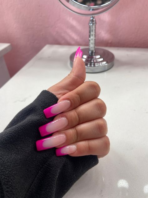 Dark Pink French Tip, Hot Pink French Tip Coffin Acrylic Nails, Hot Pink French Nails Square, French Tip Nails Hot Pink, Hot Pink Square Acrylic Nails, Magenta French Tip Nails, Long Square French Tip Nails, Hot Pink French Tip Nails Coffin Medium, Dark Pink French Tip Nails