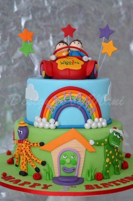 WIGGLES & THE BIG RED CAR BIRTHDAY CAKE - by designed by mani @ CakesDecor.com - cake decorating website Car Birthday Cake, Wiggles Cake, Happy 3rd Birthday, Wiggles Birthday, Cars Birthday Cake, 2 Birthday Cake, Car Birthday, The Wiggles, Themed Birthday Cakes