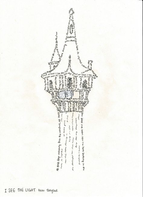 Word drawing of Rapunzel's tower from 'Tangled' using the song lyrics from 'I See The Light'. Repunzal Tangled Tattoos, Rapunzel Lantern Tattoo, Tangled Tower Tattoo, Tangled Tower Drawing, Rapunzel Tower Drawing, Tower Drawing Easy, Rapunzel Clipart, Tangled Songs, Tower Rapunzel