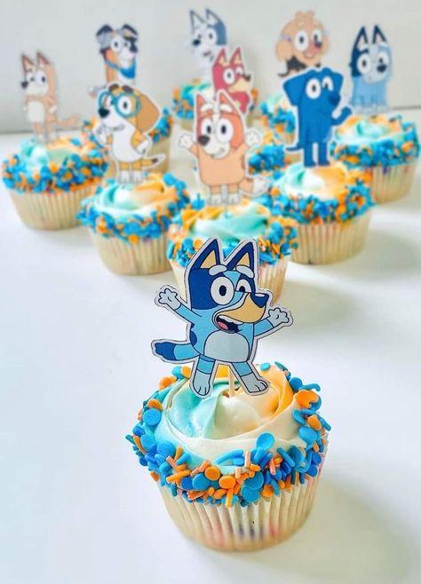 Bluey Themed Cocktails, Bluey Themed Birthday Snacks, Bluey Birthday Party Dessert Table, Easy Bluey Cupcakes, Bluey Themed Smash Cake, Bluey Theme First Birthday, Bluey Theme Cake Smash, Bluey Birthday Party First, Bluey Theme Rice Krispies