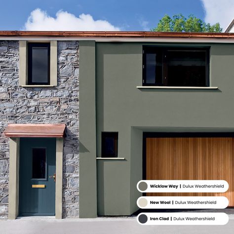 🏡✨ Colour My Exterior! ✨🏡  Looking to update your exterior? Dulux Weathershield has a wide range of beautiful colours inspired by the shades and hues of the Irish landscape 🌈🍀 Call in-store today to find the perfect colour scheme for your home.   🎨 Walls: Wicklow Way - Dulux Weathershield 🎨 Window Sills: New Wool - Dulux Weathershield 🎨 Front Door: Iron Clad - Dulux Front Door Iron, Exterior Paint Colours, Dulux Weathershield, Green Exterior House Colors, Door Iron, Green Exterior, Window Sills, Irish Landscape, Exterior Color Schemes