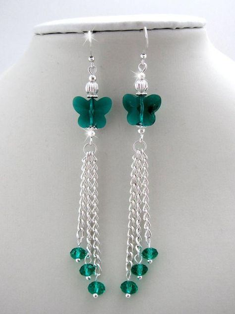 Crystal Butterfly Earrings, tassel earrings Seed Bead Jewelry Diy How To Make, Silver Tassel Earrings, Anting Manik, Earrings Tassel, Pola Manik, Emerald Crystal, Earrings Emerald, Beaded Earrings Diy, Jewelry Making Earrings