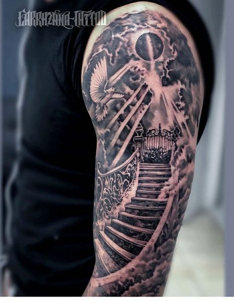 Highway Tattoos For Men, Highway To Heaven Tattoo, Heaven Gates Tattoo Design Shoulder, Christian Upper Arm Tattoo Men, Pearly Gates Tattoo, Heaven Stairs Tattoo, 6rilink Tattoo, Stairway To Heaven Tattoo Forearm, Stair Way To Heaven Tattoo