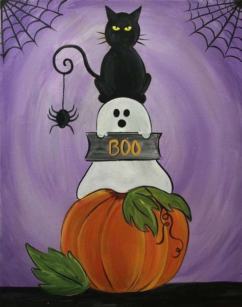 Halloween Painting Step By Step, Cute Fall Paintings Easy, Cute Ghost Painting Canvas, Halloween Artwork Drawing, Easy Halloween Canvas Painting Ideas, Halloween Painting Ideas On Canvas Easy, Halloween Paintings Easy, Easy Ghost Painting, Fall Canvas Painting Ideas Easy Diy