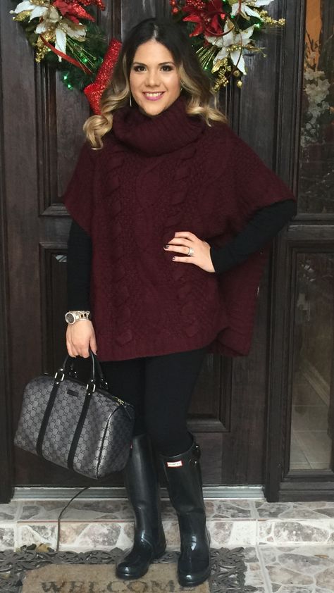 Burgundy turtleneck cable knit poncho | sweater | black leggings | black hunter boots | glossy | outfit ideas | rainy day | New Year's Eve | style | mommy style | winter | what to wear | Gucci | medium joy Boston bag | gunmetal | Hunter Boots Outfit, Poncho Outfit, Winter Teacher Outfits, Black Hunter Boots, Knit Poncho Sweater, Winter Bags, Boating Outfit, Winter Leggings, Outfit Winter