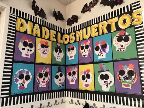 Day of the dead bulletin board! #diadelosmuertos #dayofthedead #coco #classroom #classroomdecor #bulletinboards #sugarskull #craft #preschool Coco Classroom Theme, Day Of The Dead Bulletin Board, Dia De Los Muertos Bulletin Board Ideas, Daycare Door Ideas, November Decor, Spanish Heritage Month, Class Door Decorations, Halloween Classroom Door, Craft Preschool