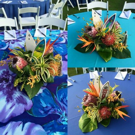 Surfboard Centerpiece Ideas, Buffet Centerpiece, Mitzvah Centerpieces, Buffet Party, Beach Bash, Jimmy Buffet, Luau Theme, Retro Beach, Surf City