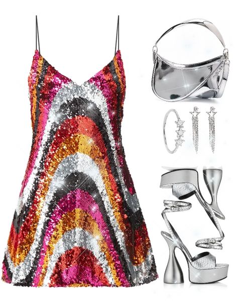 70s Saturday Night Fever Outfits, Semi Formal Disco Outfit, Sequin 70s Outfit, Disco Formal Outfit, Abba Outfit Inspiration, Authentic Disco Fashion, 70s Cocktail Party Outfit, Disco Homecoming Theme Dress, Disco Semi Formal Theme