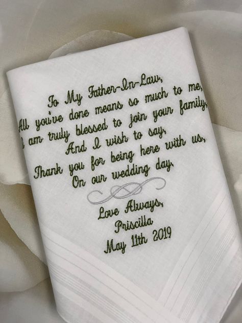 Embroidered Wedding Gifts, Wedding Hankerchief, Wedding Verses, Groom Wedding Gift, Bridal Handkerchief, Personalized Handkerchief Wedding, Embroidered Handkerchief Wedding, Dad Wedding Gift, Father In Law Gifts