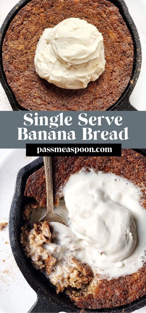 This one-banana banana bread recipe is fluffy and moist, made healthier using almond flour and is refined sugar free.  It is made in a cast iron skillet and is the perfect single serve dessert! Skillet Banana Bread, Single Serving Banana Bread, Single Serve Banana Bread, One Banana Banana Bread, Dairy Free Gelato, Using Almond Flour, Spiced Peaches, Mug Cake Healthy, Single Serve Desserts