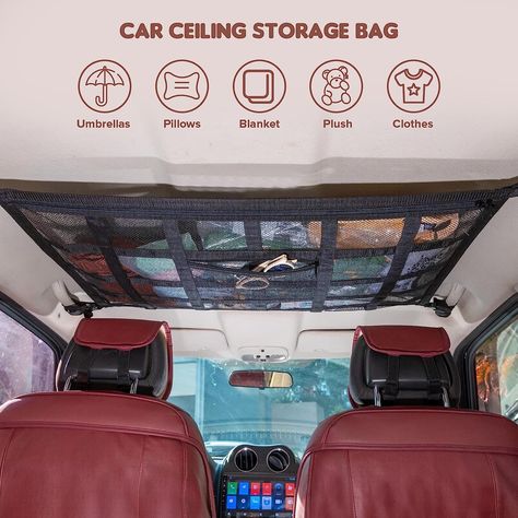 Upgrade the fourth generation car ceiling cargo net has 9 fixed reinforcement straps,which can better fix items,effectively prevent items from sagging or falling.Don't block the rearview mirror to ensure driving safety.A pocket is added to the double-layer mesh,double-end zipper design,allows you to store items easily and freely. Camping Interior, Car Roof Storage, Vehicle Organizers, Car Ceiling, Roof Storage, Road Trip Camping, Roof Ceiling, Net Design, Ceiling Storage