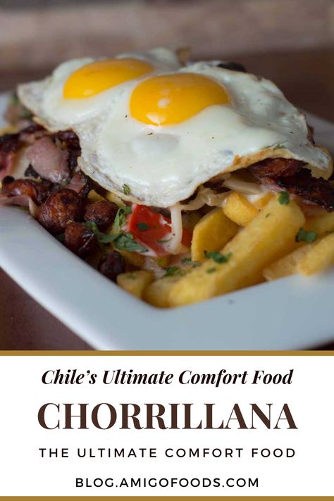 The chorrillana consists of a hefty serving of french fries topped with meat slices, fried eggs, and caramelized onion rings. It’s often served in large portions as the dish is for sharing. Chorrillana was first introduced in 1972 by Chilean dive bars and cafes in downtown Valparaiso. #chileanfood #chile #chorrillana #recipes #amigofoods Chilean Street Food, Chilean Food Traditional, Chilean Bread Recipe, Chilean Desserts, Chilean Flag, 90s Playlist, Chilean Food, South American Recipes, Chile Recipes