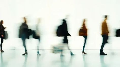 ↑↑↑ Larger size on website 🔸 The image shows a group of people walking in a white space. They are all blurred, creating a sense o Blurred People Walking, Figures In Motion, Blurred People, A Group Of People, People Walking, Motion Blur, Group Of People, White Space, A Group