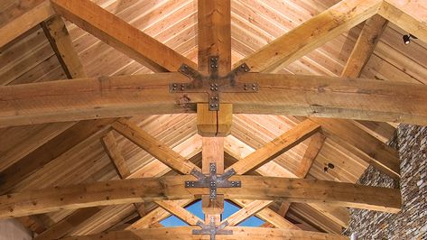 Trusses provide the basis for a strong, sturdy timber home. Here's a look at the 5 common types of trusses used to build timber frame homes. Timber Trusses, Truss Design, Beam Ceiling, Wood Truss, Timber Truss, Types Of Timber, Wood Waste, Timber Ceiling, Wood Beam