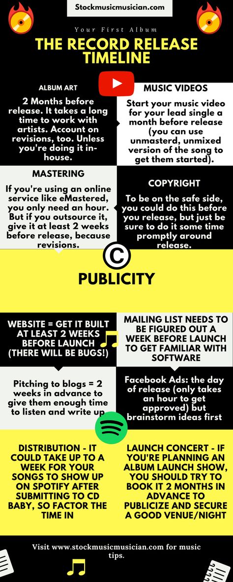 How to make make a great album launch! A simple time line of all the steps you'll need to take before you release your recordings on to Spotify, YouTube, etc. Music Basics, Writing Songs, Music Tips, Music Learning, Time Line, Music Career, Music Things, Music Ideas, Album Diy