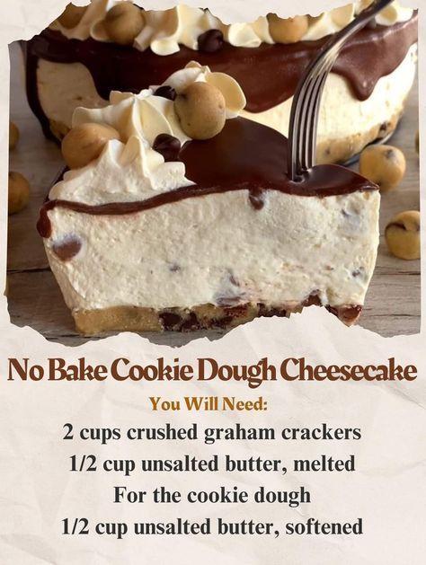 No Bake Cookie Dough Cheesecake, Cheesecake Ingredients, Cookie Dough Cheesecake, No Bake Cookie Dough, No Bake Cookie, Baking Recipes Desserts, Quick Recipes Snacks, Fun Baking, Easy Snack Recipes