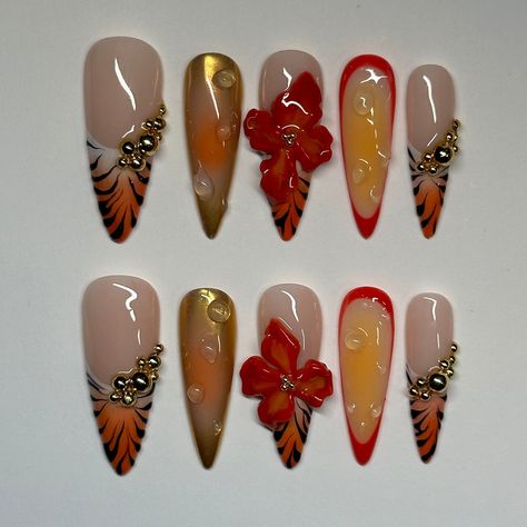 scorched summer long stiletto gel press on nails -  #Gel #Long #Nails #Press #scorched #Stiletto #Summer Red And Yellow Nails Acrylic, Red Ruby Nails, 3d Fall Nail Designs, Orange Themed Nails, Lily Flower Nails, Yellow And Red Nails, Orange And Red Nails, Red And Cheetah Nails, Fall Gel X Nails