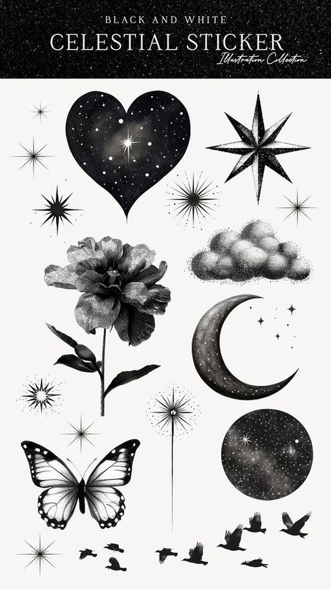 Editable celestial sticker element design set | premium image by rawpixel.com / Sasi Journal Printouts, Stars Drawing, Tarot Cards Art Illustration, Illustration Butterfly, Butterfly Crown, Artistic Elements, Heart Butterfly, Element Design, Tarot Cards Art