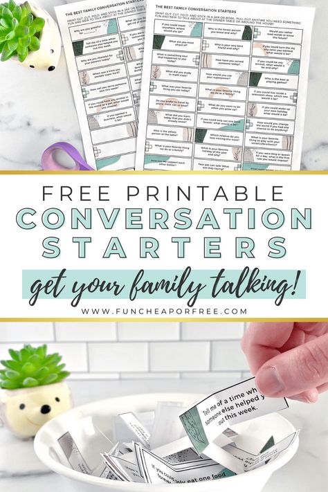 Get the family talking! Use our fun family conversation starters to help everybody open up at the dinner table. Perfect for all ages! Party Conversation Starters, Best Conversation Starters, Dinner Conversation Starters, Funny Conversation Starters, Family Conversation Starters, Conversation Starter Questions, Conversation Starters For Kids, Family Conversation, Conversation Starters For Couples